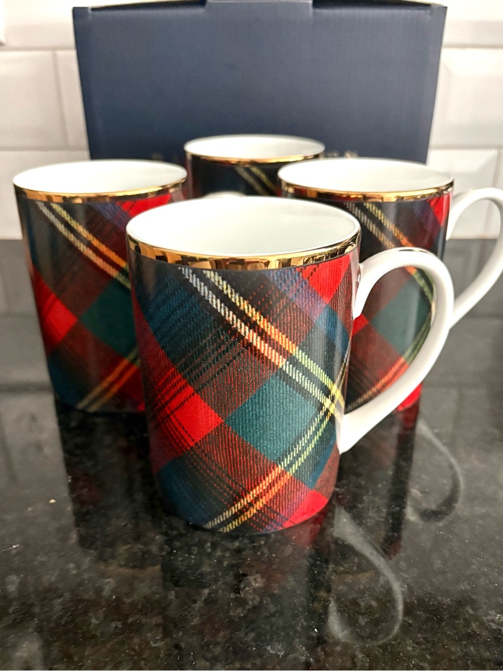 Ralph Lauren Alexander Plaid Gold Rim Set of 4 Mugs New in Box